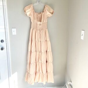 Peach Cottagecore Puff Sleeve Maxi Dress Smocked Waist Tiered Romantic Boho